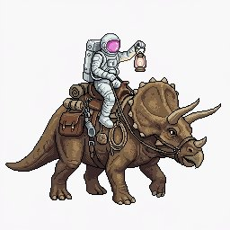 Venture phase: a pink-visored astronaut riding a triceratops and holding a glowing lantern.