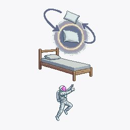 Surface phase: an astronaut floating up out of a bed, tethered to a glowing headset.